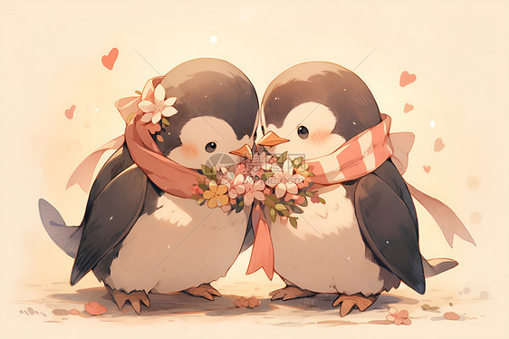 花朵花环甜蜜的企鹅图片