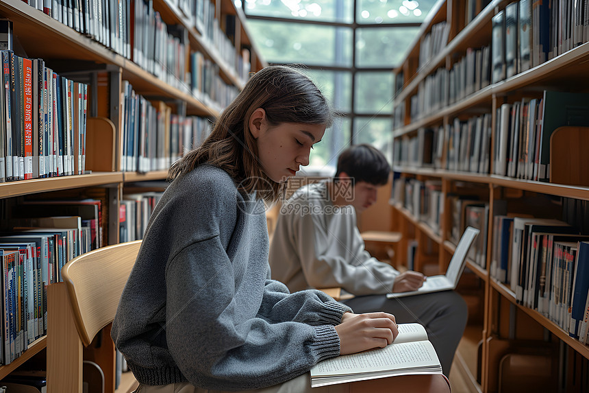 图书馆中认真学习的大学生图片