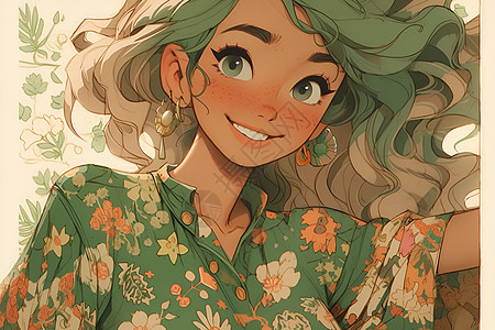 迷人微笑的绿衣少女插图图片