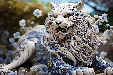 青花瓷风格的雄狮雕像插图图片