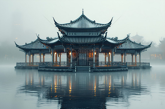 水雾中的中国亭图片