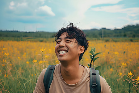 男子在花草丛中微笑图片