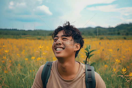 男子在花草丛中微笑图片