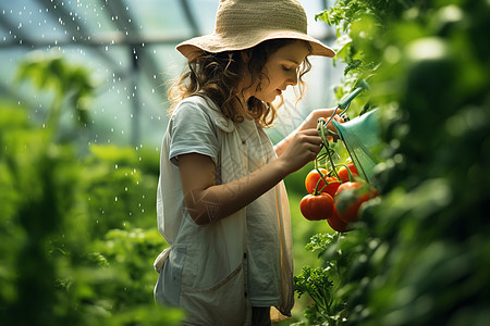 小女孩在摘取番茄图片