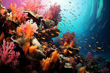 彩色鱼群海底的彩色珊瑚礁背景