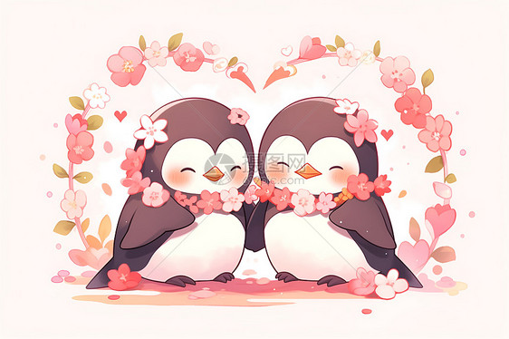 两只企鹅在粉色背景下靠在一起图片