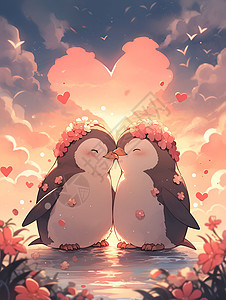 两只企鹅在夕阳下热吻背景图片