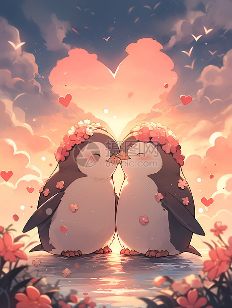 两只企鹅在夕阳下热吻图片