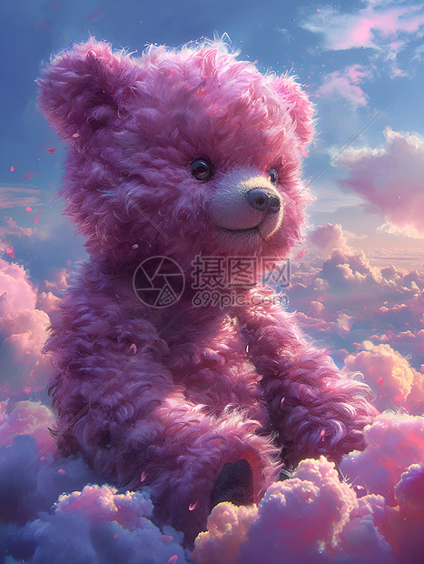 紫色泰迪熊坐在天空上图片