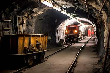 煤矿隧道上的矿车图片