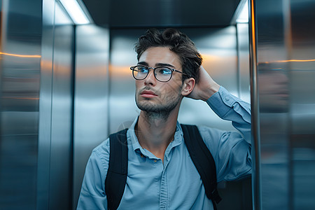 戴眼镜的男士在电梯里图片