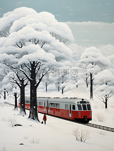 火车穿越雪白的树林图片