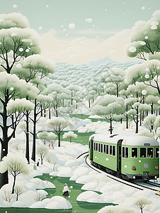 绿色火车穿越白雪覆盖的丛林图片