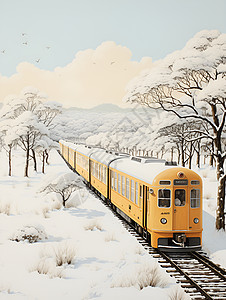 一列橙色火车静静穿行在森林中图片