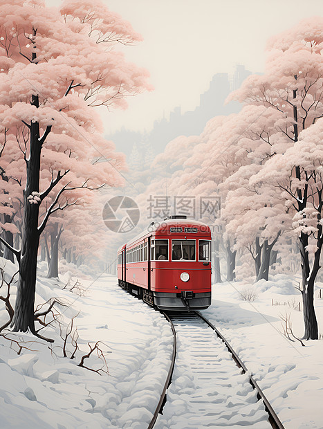 红色列车穿越雪景森林图片