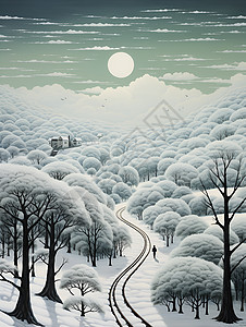 冬日森林雪地中的铁路背景图片