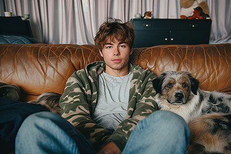 狗儿和年轻男子坐在沙发上图片
