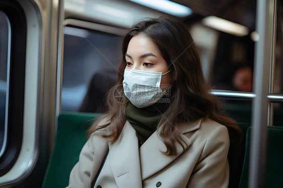 女子在火车上佩戴口罩图片