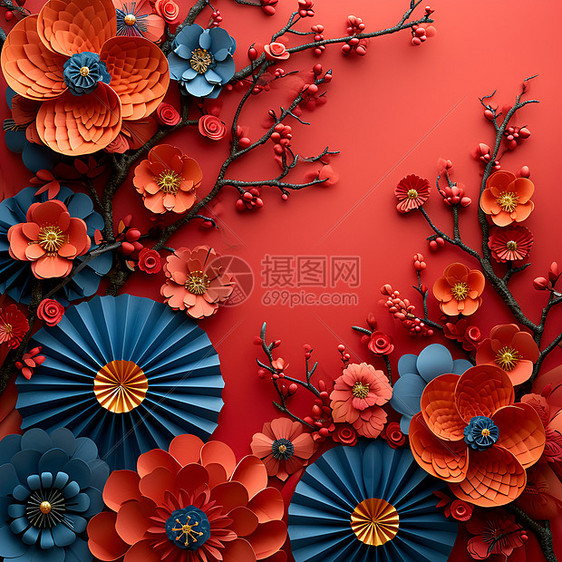 红色背景上的的花朵图片