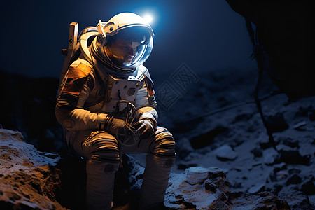 坐在岩石上的宇航员图片
