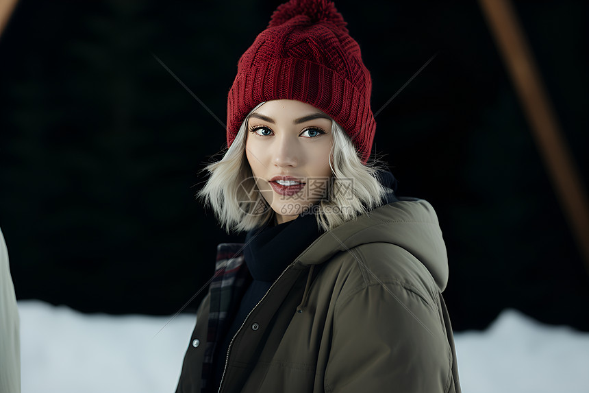 冬日中的红帽女子图片