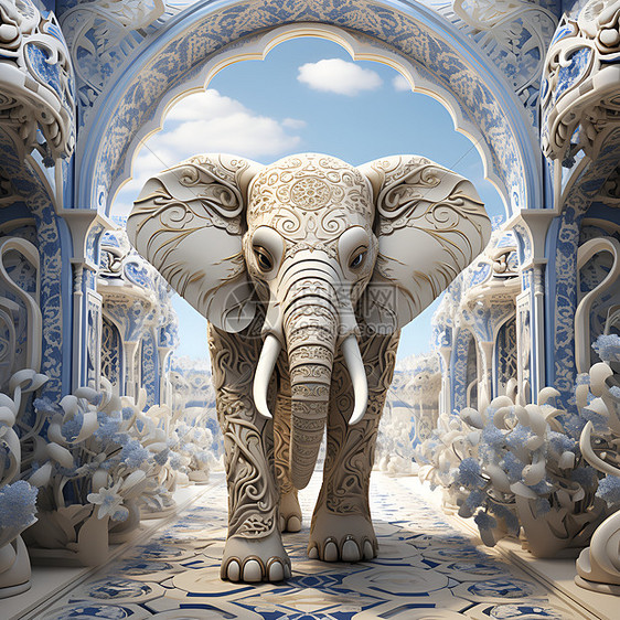 3D剪纸风艺术的大象雕塑插图图片