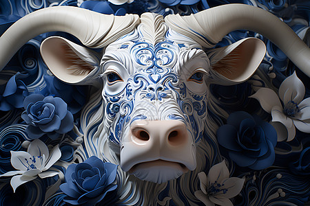 神秘花纹的牛头雕像插图图片