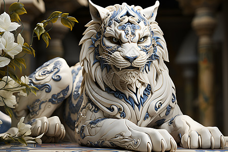 青花瓷风格的老虎雕像插图背景图片