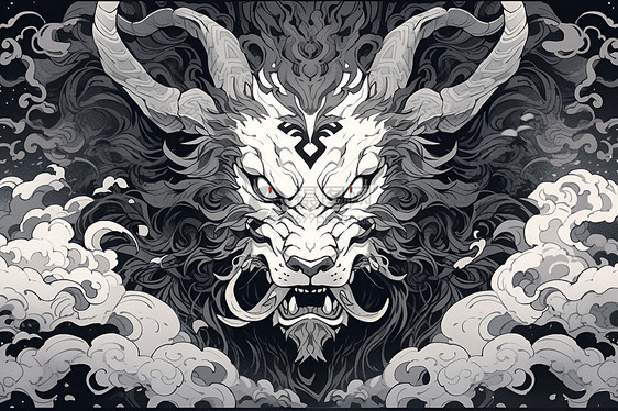 黑白线描绘的麒麟神兽插图图片
