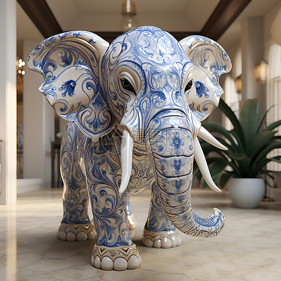 剪纸风艺术的大象雕像插图图片