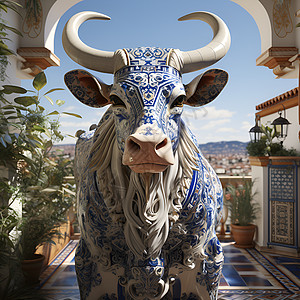 蓝白瓷砖中的雕塑牛头背景图片