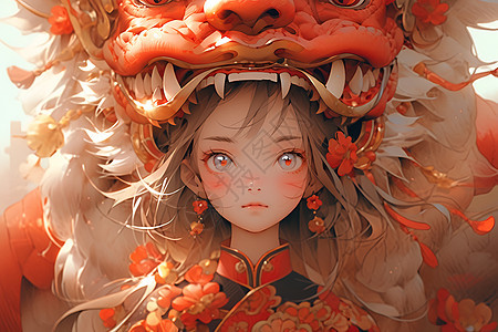 春节舞狮子的小女孩背景图片