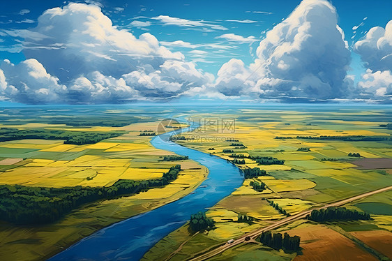 绘画的田地和河流图片