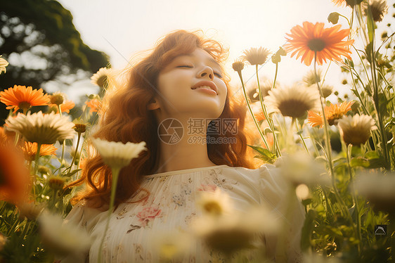 一位女人站在花海中图片