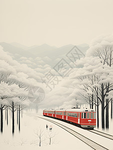 红色火车穿越雪白林间图片