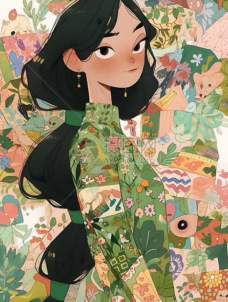 花草簇拥下的绿裙佳人陈琳绘制的人物肖像斗色画派()图片
