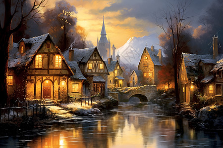 夜幕下梦幻的雪山小镇图片