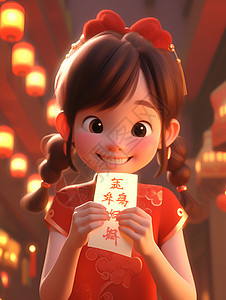 红衣女孩的中式祝福图片