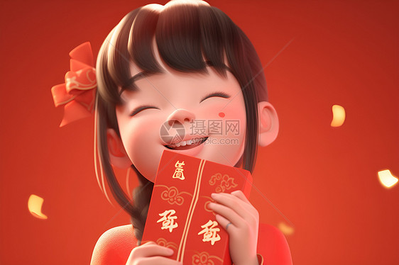 快乐的中国小女拿着红包图片