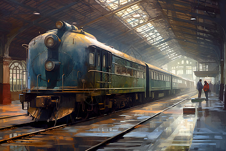 油画中的古老火车站背景图片