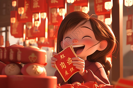 微笑女孩握着红包背景图片