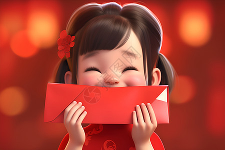 甜笑小女孩握红包图片