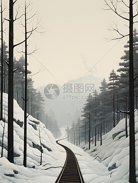 森林雪地里的铁轨图片