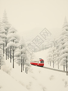 雪地中干的红色火车图片