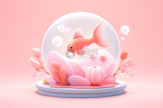 可爱金鱼漂浮樱花中图片