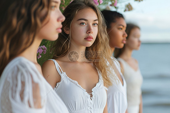 海边美丽白衣女子图片