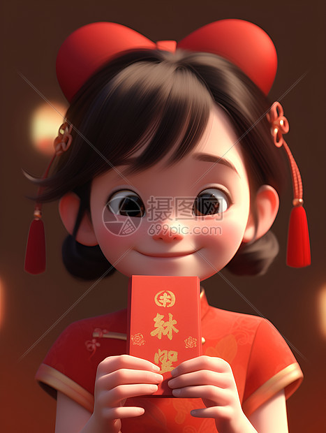 小女孩举着红包图片