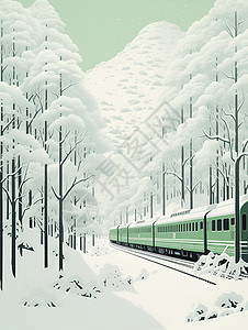 绿皮火车在森林中穿行图片