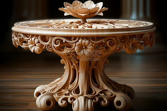 精心雕刻的木桌与花图片