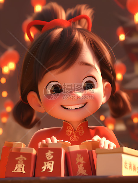 欢度新年的红包小女孩插图图片